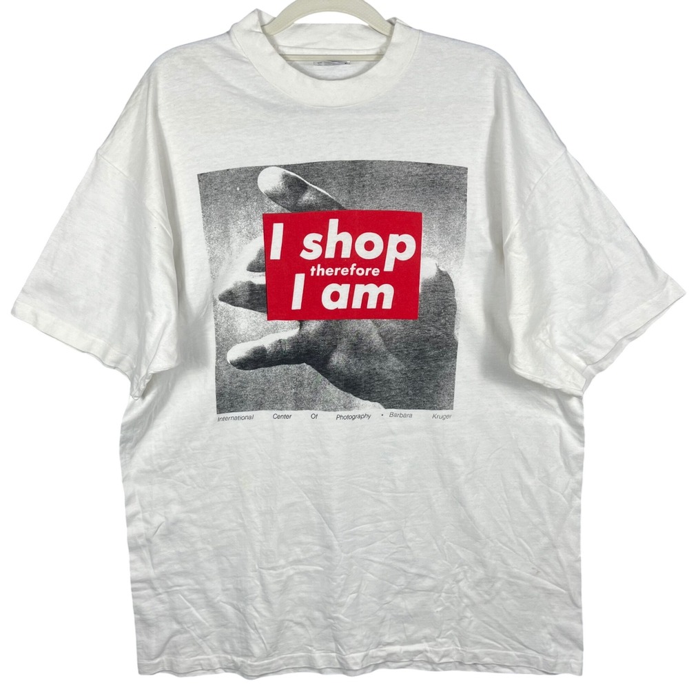 Hanes Barbara Kruger I Shop Therefore I Am Shirt Mens XL White Art Tee